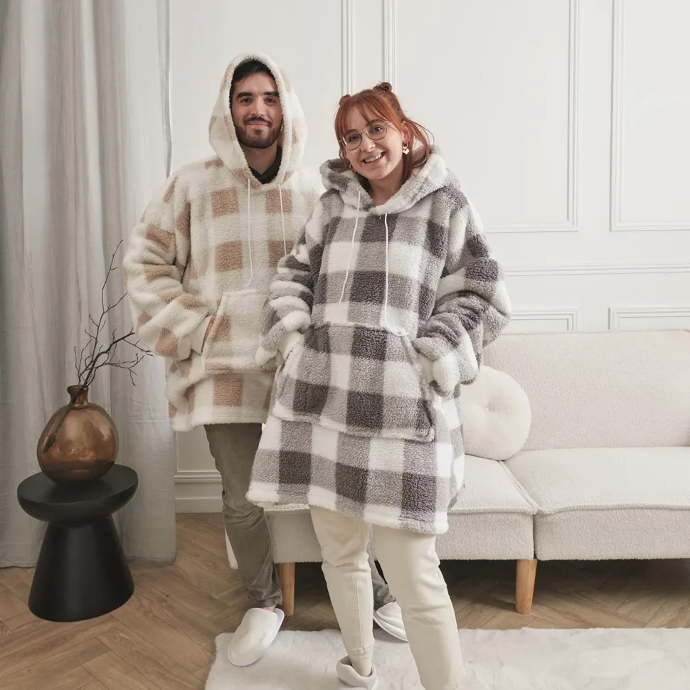 Bluza ocieplana długa/ snuddie w kratę szara/biała