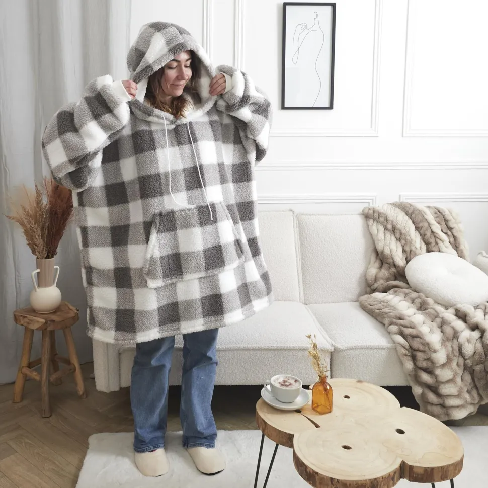 Bluza ocieplana długa/ snuddie w kratę szara/biała