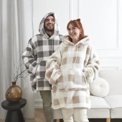 Bluza ocieplana długa/ snuddie w kratę szara/biała