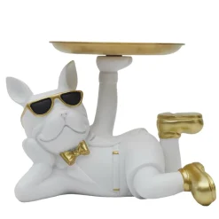 Figurka Buldog leżący z tacą biała