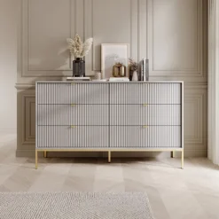 Komoda Delicious 6 szuflad ryflowana szara/ złote nogi