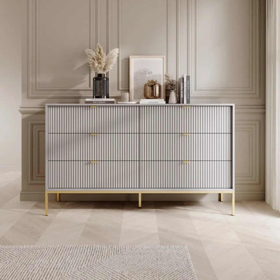 Komoda Delicious 6 szuflad ryflowana szara/ złote nogi