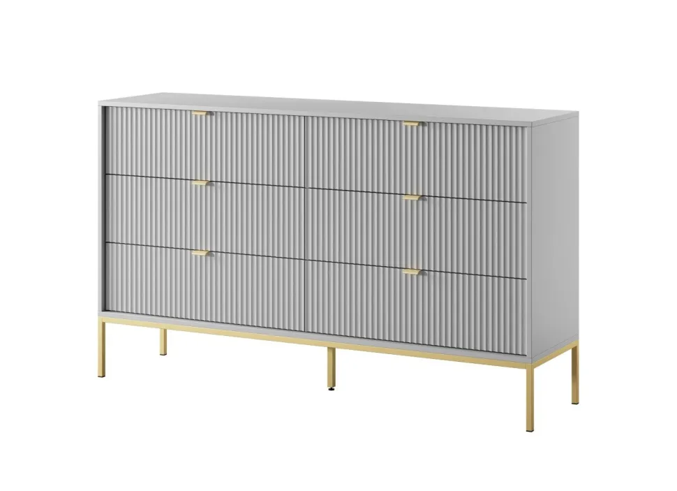 Komoda Delicious 6 szuflad ryflowana szara/ złote nogi