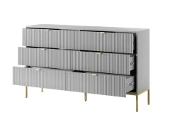 Komoda Delicious 6 szuflad ryflowana szara/ złote nogi