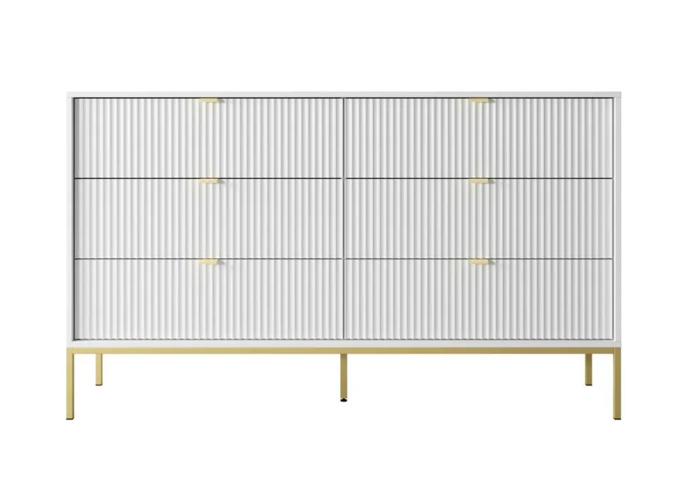 Komoda Delicious 6 szuflad ryflowana biała/złote nogi