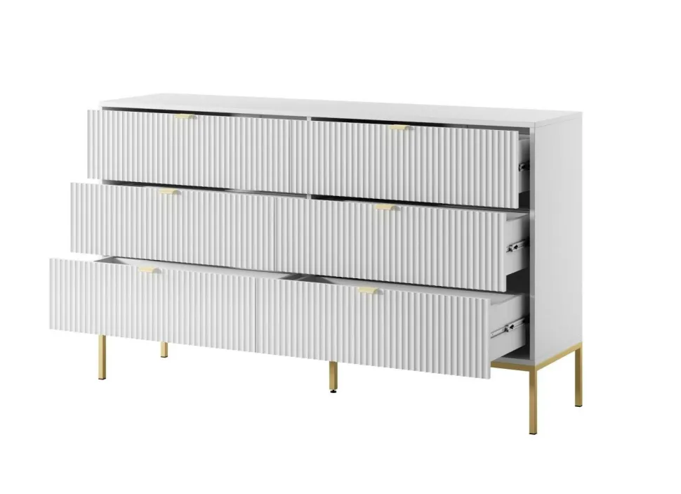 Komoda Delicious 6 szuflad ryflowana biała/złote nogi