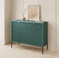 Komoda Delicious ryflowana zielona czarne nogi