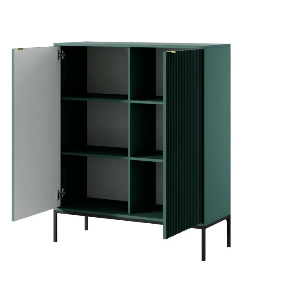 Komoda Delicious wysoka ryflowana zielona czarne nogi