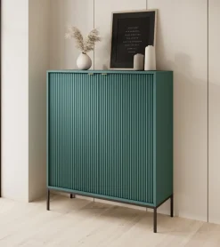 Komoda Delicious wysoka ryflowana zielona czarne nogi