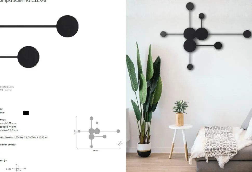 Lampa ścienna CLEX - 6 LED czarna 89 cm