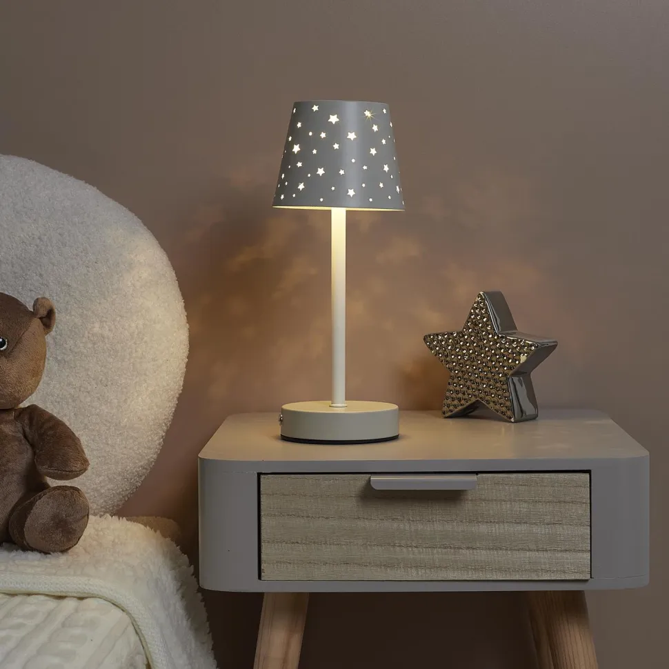 Lampa stołowa ładowana z ażurowymi gwiazdkami biała