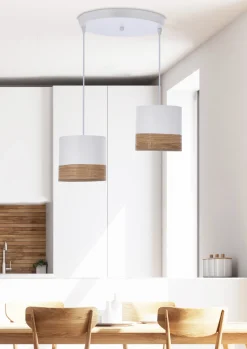 Lampa wisząca Bianco biały talerz 2x40W  E27 abażur biały+orzechowy