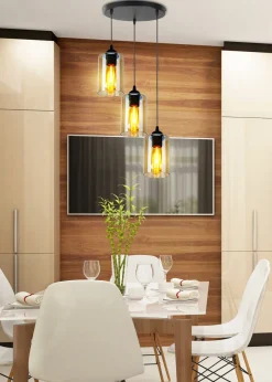 Lampa wisząca Bistro czarny talerz 3x40W  E27 klosz brązowy