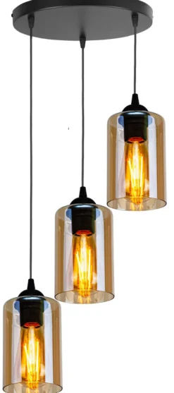 Lampa wisząca Bistro czarny talerz 3x40W  E27 klosz brązowy