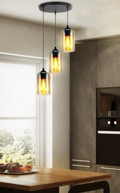 Lampa wisząca Bistro czarny talerz 3x40W  E27 klosz brązowy