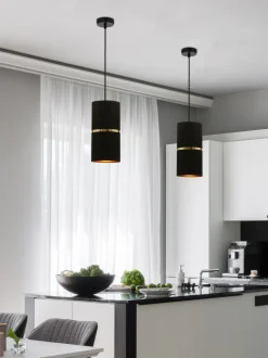 Lampa wisząca Gina czarny 1x60 E27  abażur 12x25 czarny złota folia+złoty pasek