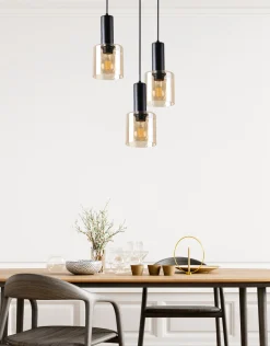 Lampa wisząca Isar talerz czarny 3x40  E27 klosz bursztynowy