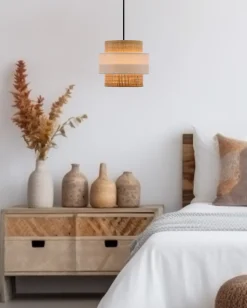 Lampa wisząca Rattan czarny 1x40W E27  abażur biały+kremowy