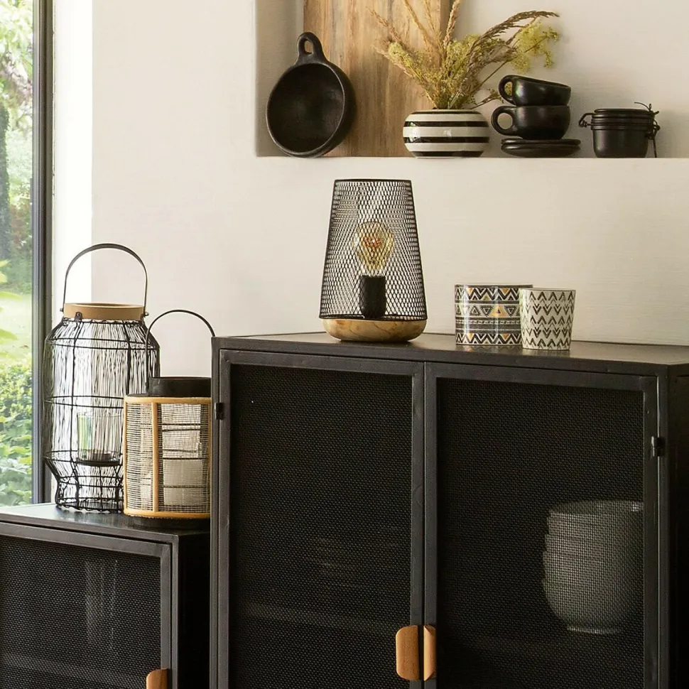 Lampka z siatki Zely czarny metal/drewno