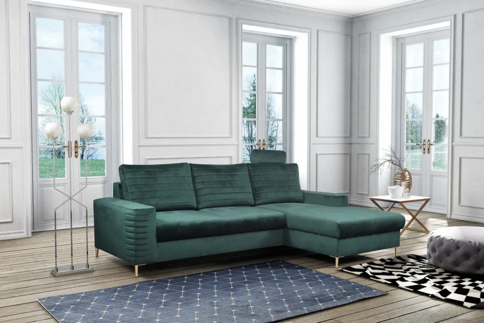 Narożnik Hald z funkcją spania prawy butelkowa zieleń Velluto 27