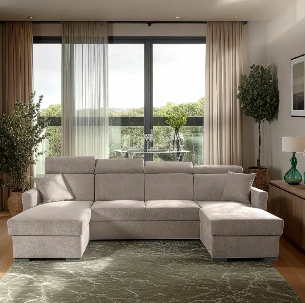 Narożnik Mils U z funkcją spania beżowy tkanina Soro 23