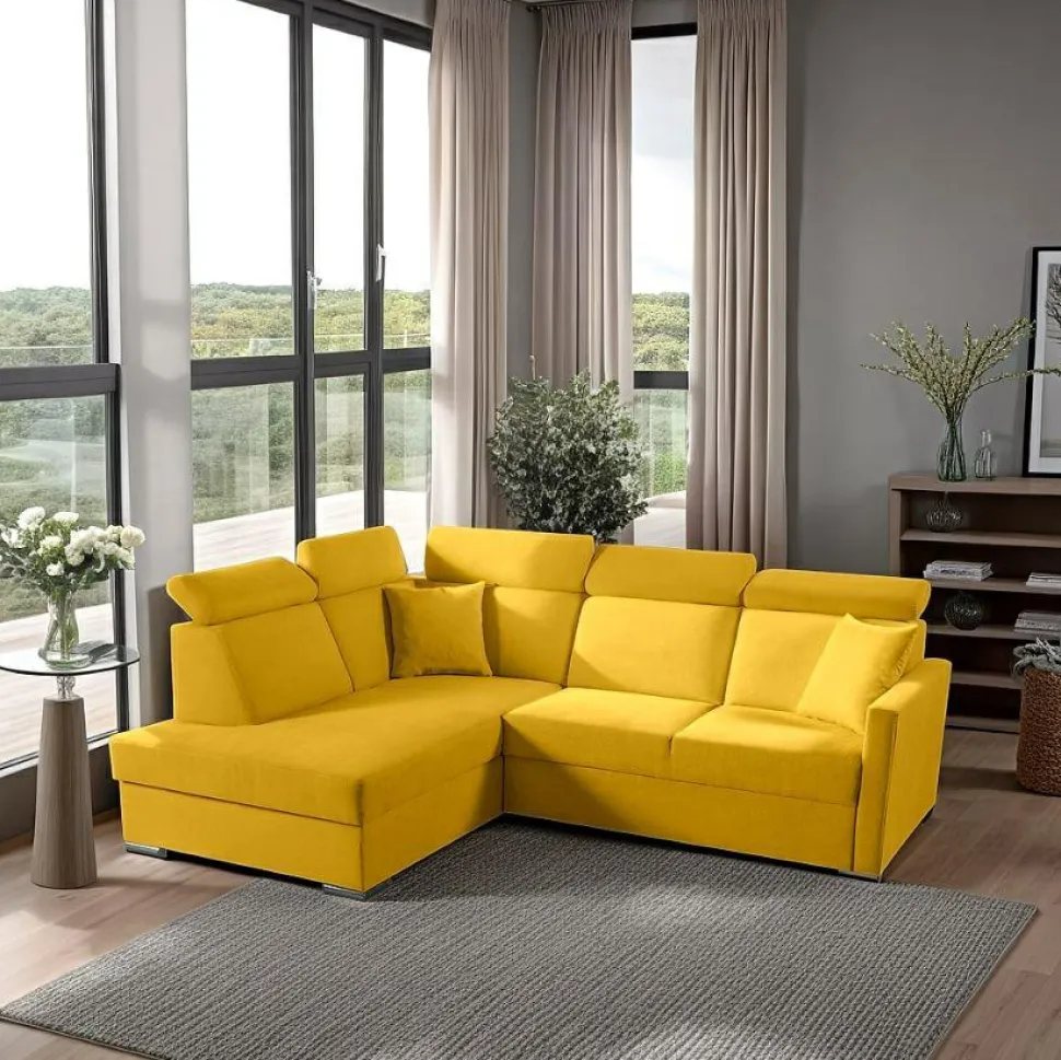 Narożnik Mils XL lewostronny z funkcją spania musztardowy tkanina Soro 40