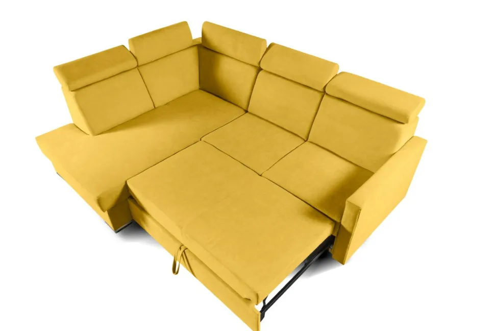Narożnik Mils XL lewostronny z funkcją spania musztardowy tkanina Soro 40