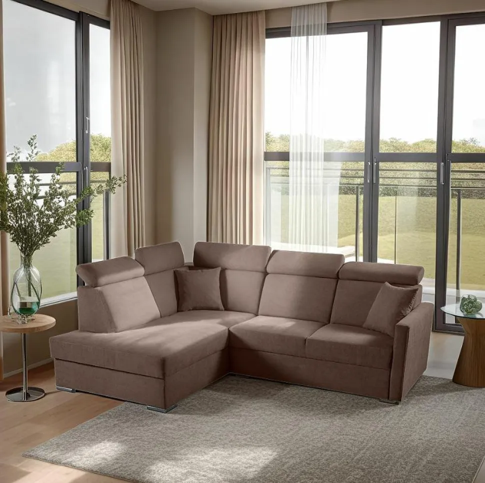 Narożnik Mils XL lewostronny z funkcją spania brązowy tkanina Soro 28