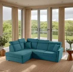 Narożnik Mils XL lewostronny z funkcją    spania morski tkanina Soro 86