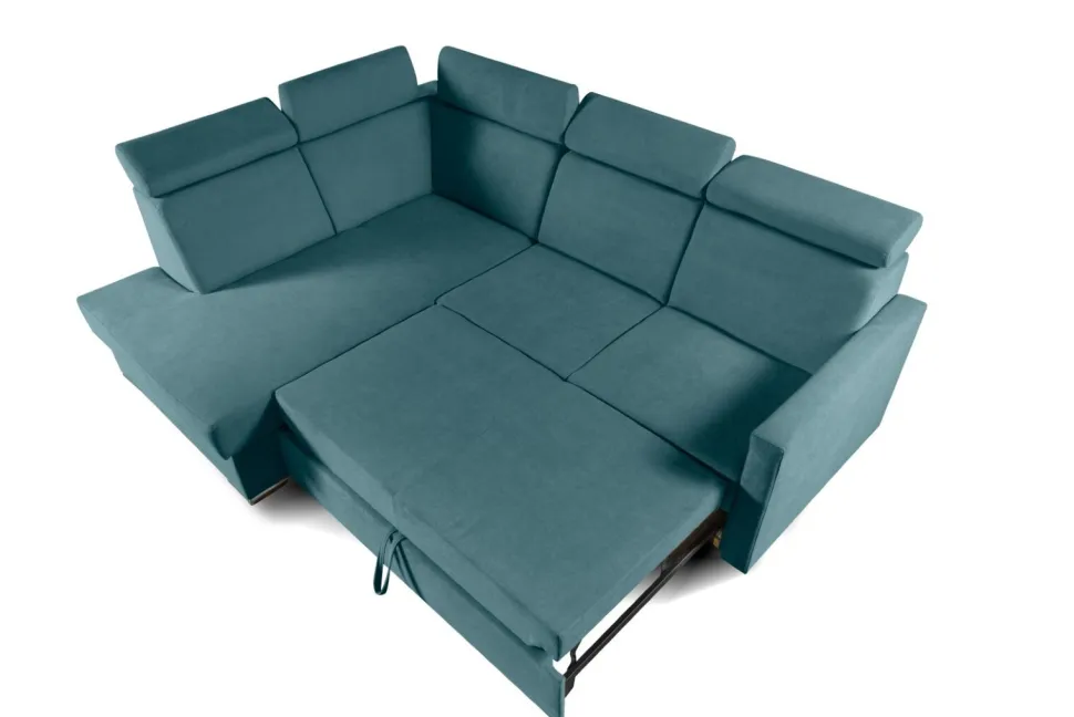 Narożnik Mils XL lewostronny z funkcją spania morski tkanina Soro 86