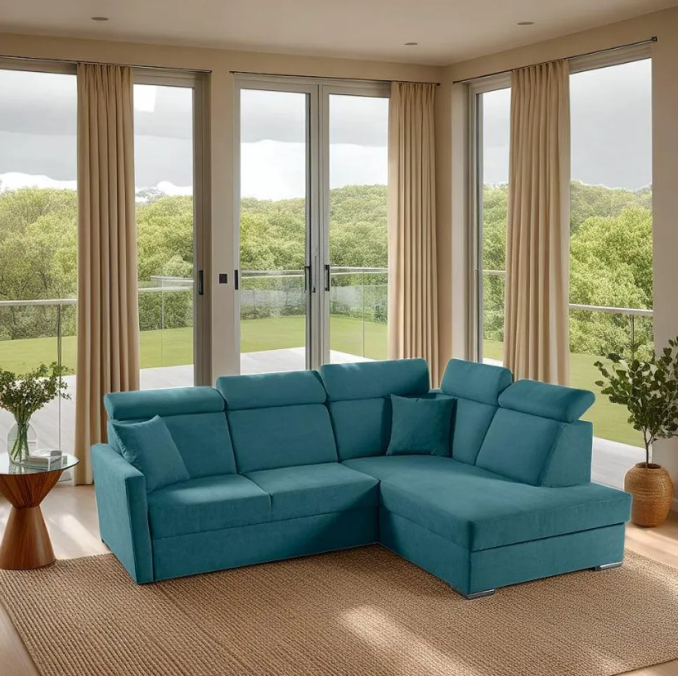 Narożnik Mils XL prawostronny z funkcją spania morski tkanina Soro 86