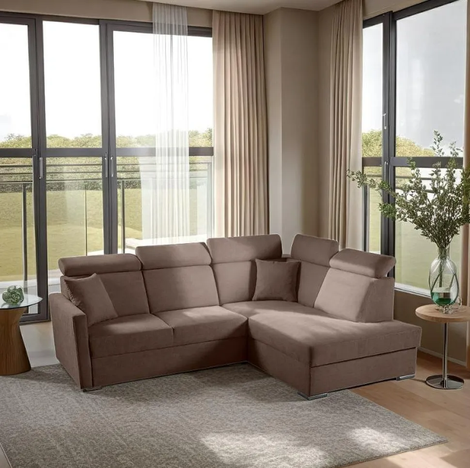 Narożnik Mils XL prawostronny z funkcją spania brązowy tkanina Soro 28