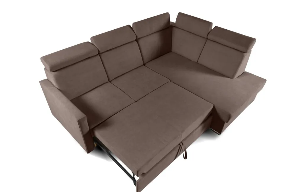 Narożnik Mils XL prawostronny z funkcją spania brązowy tkanina Soro 28