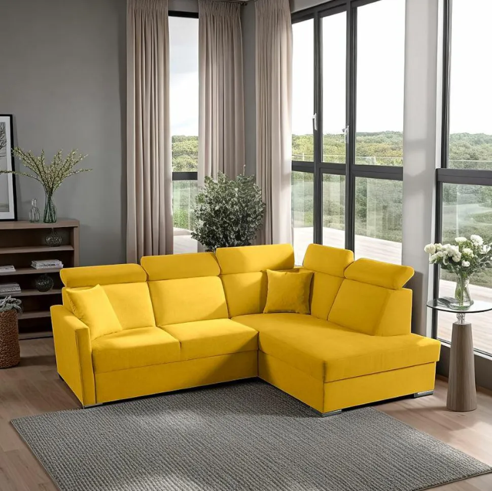 Narożnik Mils XL prawostronny z funkcją spania musztardowy tkanina Soro 40