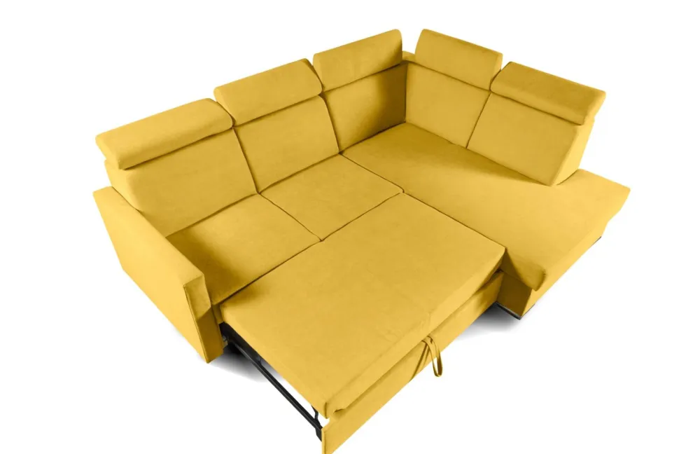 Narożnik Mils XL prawostronny z funkcją spania musztardowy tkanina Soro 40