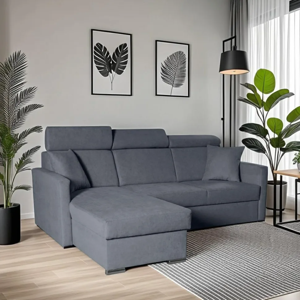 Narożnik Mils z funkcją spania szary granat tkanina Soro 97