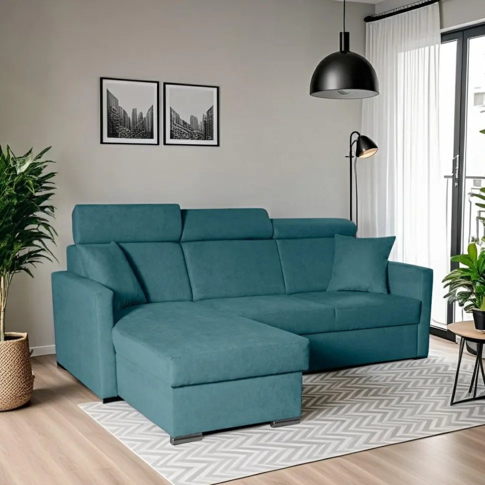 Narożnik Mils z funkcją spania morski tkanina Soro 86