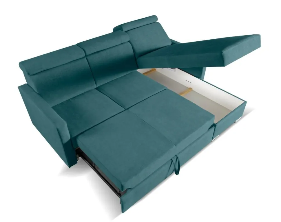 Narożnik Mils z funkcją spania morski tkanina Soro 86