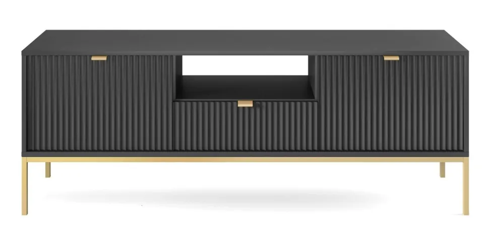 Szafka RTV Delicious ryflowana czarna/ złote nogi