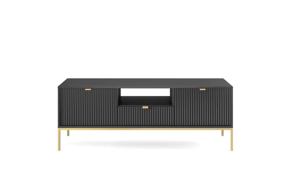 Szafka RTV Delicious ryflowana czarna/ złote nogi
