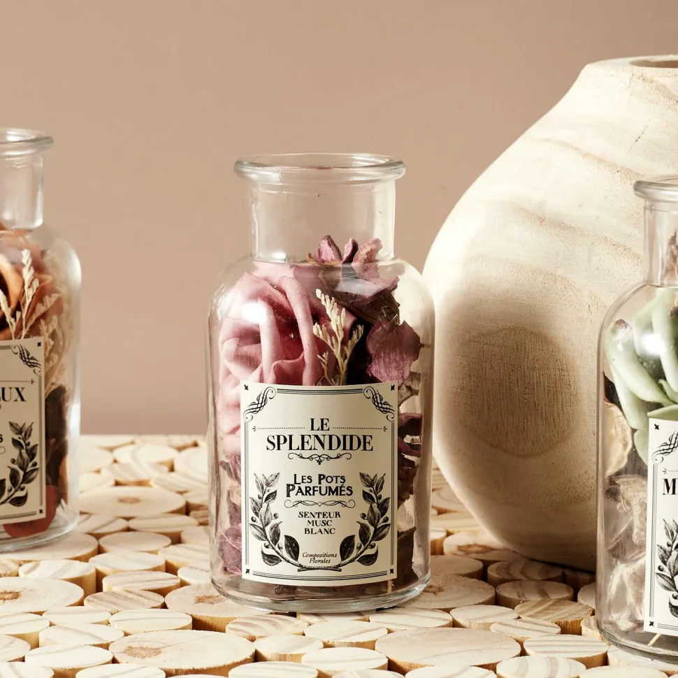 Szklany słój 16cm z pot pourri różowe