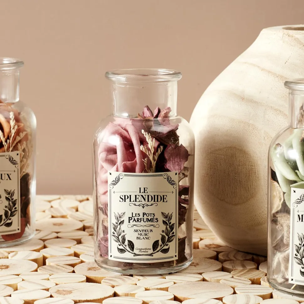 Szklany słój 12cm z pot pourri różowe