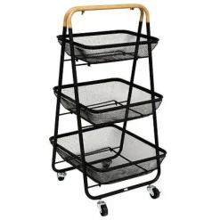 Wózek 3-poziomowy Mayaj metalowy czarny   z drewnem