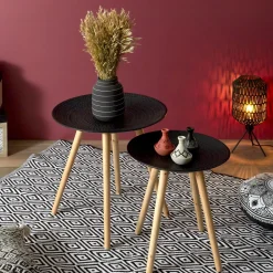 Zestaw 2 okrągłych stolików  czarny/naturalny