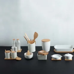 Zestaw 4 pojemników na przyprawy Seramik na podstawce bambusowej